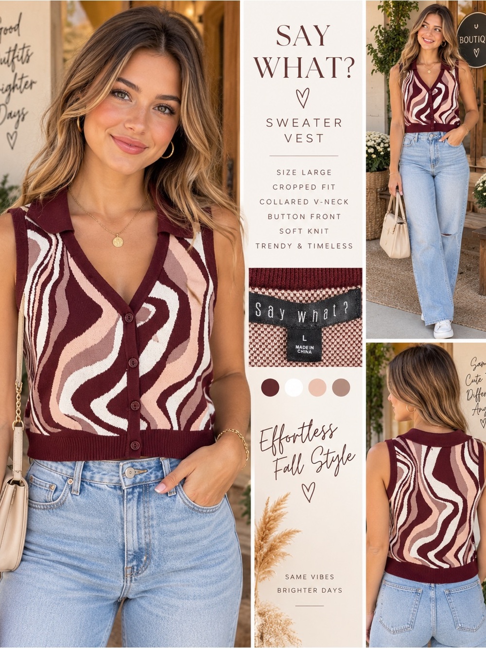 Say What? Women's Burgundy, Cream & Blush Patterned V-Neck Sweater Vest